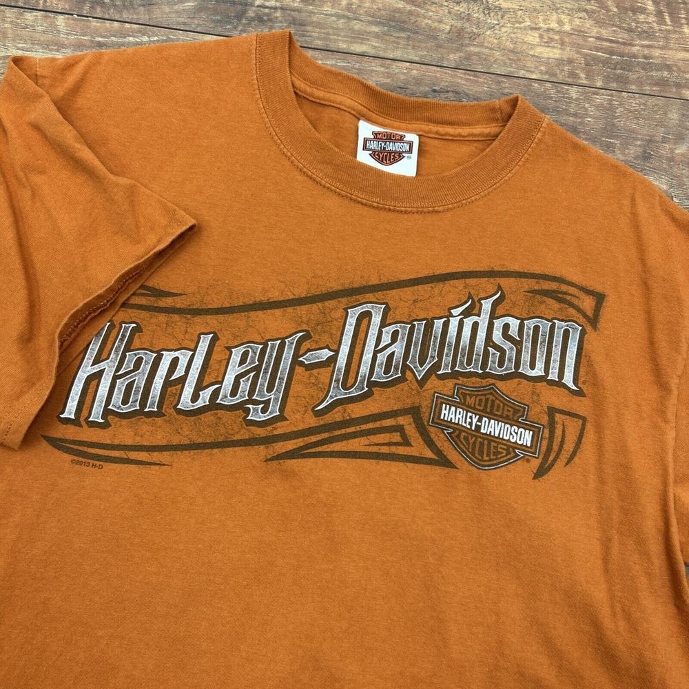 Harley Davidson Shirt Men M Orange Front‎ Back 2013 Cajun Lafayette Louisiana